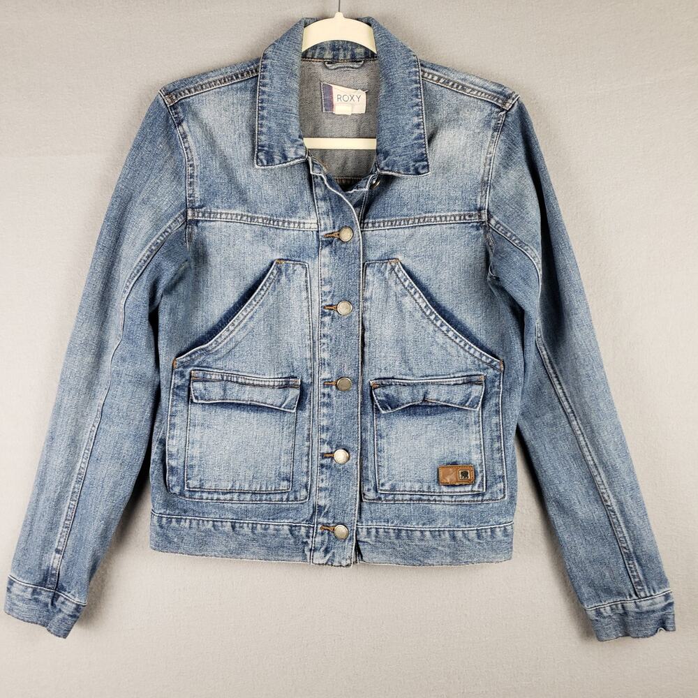 Roxy Size M Ocean Tide Denim Trucker Jean Jacket Blue Distressed Coastal Cowgirl
